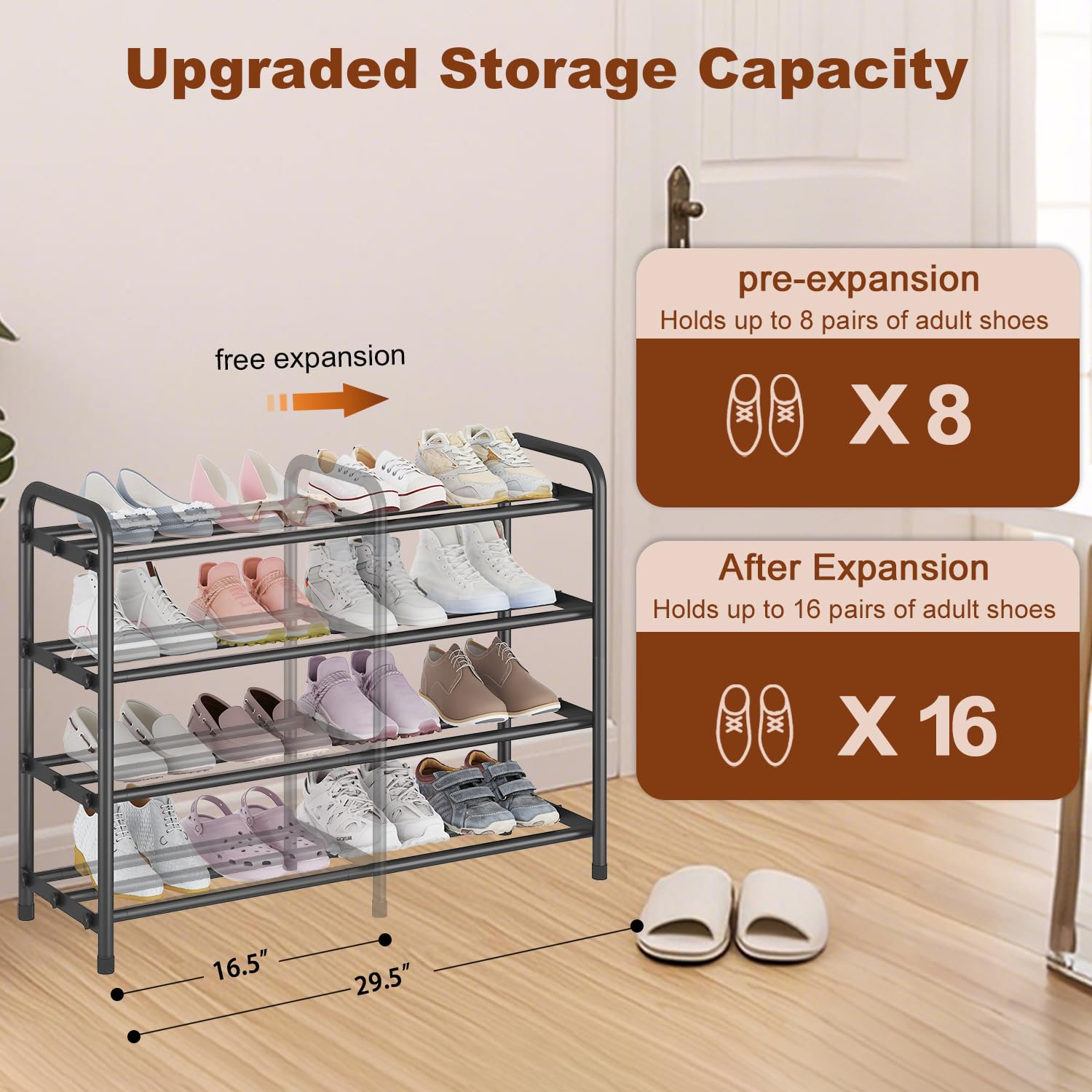 KANAV 4-Tier Expandable Shoe Rack – Adjustable Shoe Organizer & Shoe Storage for Closet, Entryway, and Front Door – Space-Saving Shoe Shelf and Rack Organizer for Home - Black