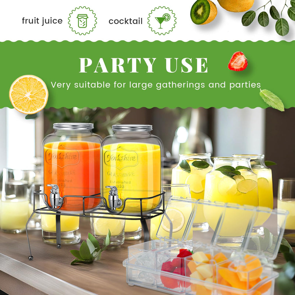 FillTouch Glass Drink Dispenser for Party Set of 2-1 Gallon, 2 Pcs Ice Chilled Condiment Caddy with Lid and Spoon Halloween Drink Dispenser with Stand and Spigot for Summer Wedding Party Bar Supplies