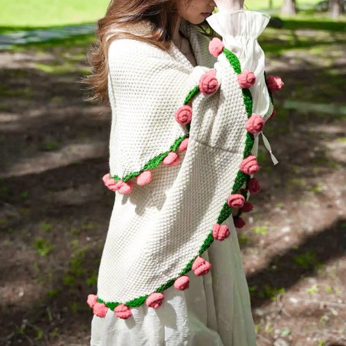 EIGHTOWN 43'' Crochet Pink Rose Bouquet Blanket Finished - Handmade Knitted Throw Blanket - Home Décor Ideal Gift for Mom - Mother's Day Birthday Valentine's Day (Pink Rose)