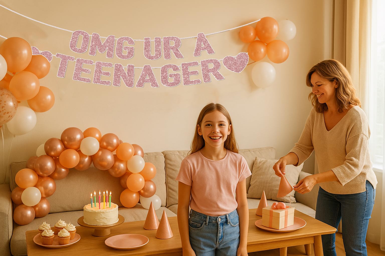 OMG UR A TEENAGER Banner – 13th Birthday Decorations for Girls, Rose Gold Glitter Happy 13th Bday Party Decor, Pre-Strung Teen Girl Birthday Decorations for 13 Year Old Girl