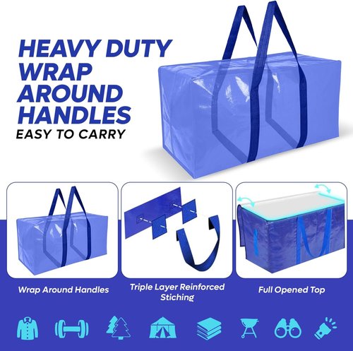 4 Pack Extra Large Moving Bags - Heavy Duty Clothes Storage Totes with Strong Zipper & Handles | Space-Saving Solution for College Supplies