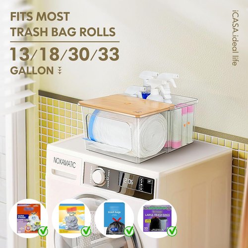 iCASA Trash Bag Dispenser - 2-in-1 Acrylic Organizer with Bamboo Lid | Holds Up to 100 Large Rolls for Kitchen & Pantry