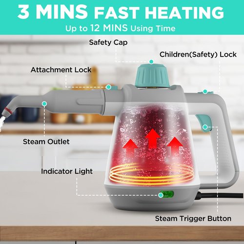 HAUSHOF Handheld Steam Cleaner, Steam Cleaner for Home with Tool Bag & Safety Lock, 11 pcs Accessories, Multi-purpose Natural Steam Cleaner for Cleaning Floor, Car, Upholstery, Grout and Grease