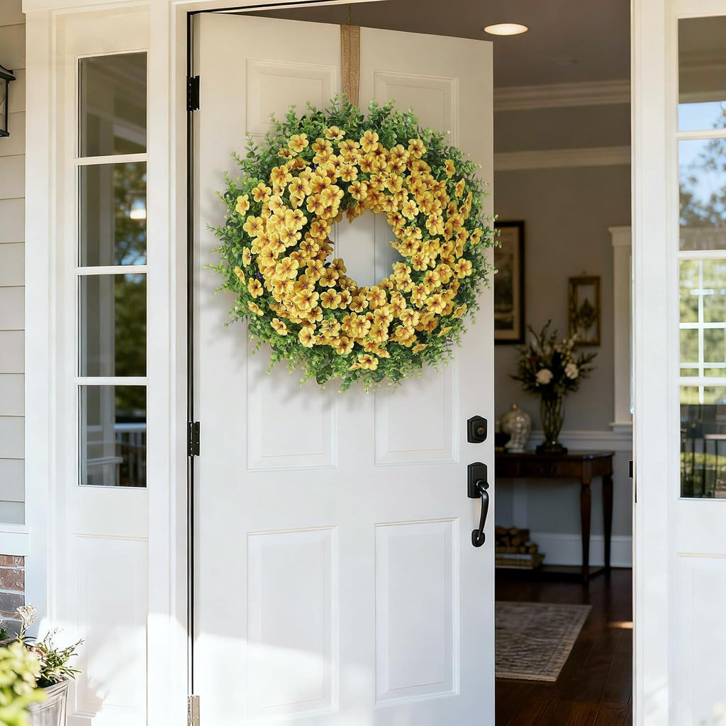 Skiennix 26" Large Artificial Eucalyptus Wreath - Realistic Faux Silk Morning Glory Flowers for Home & Wedding Decor (Yellow)