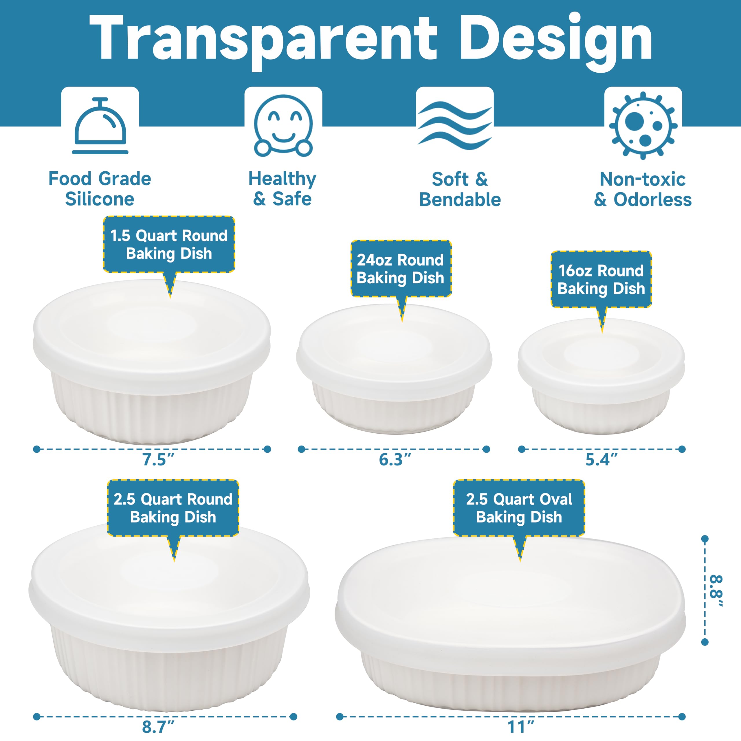 Purekra Silicone Lids for CorningWare 16 Ounce Round Dish, 2 Pack Reusable Covers for CorningWare F-16-PC French White Baking Dish (Dishes not Included) Dishwasher & Microwave & Freezer Safe