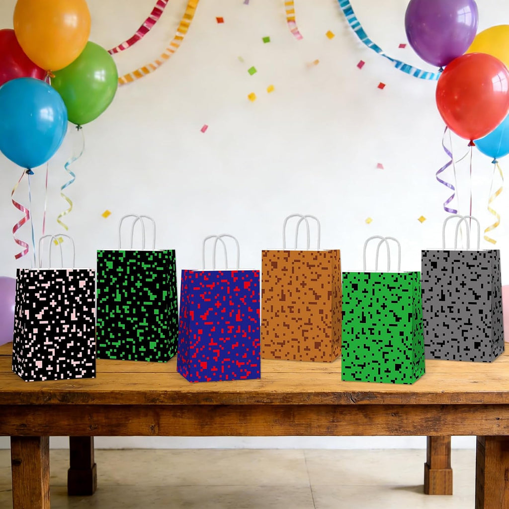 Skiennix Pixel Party Favors Bags - 12 PCS Video Game Themed Treat Bags with Handles for Boys & Girls
