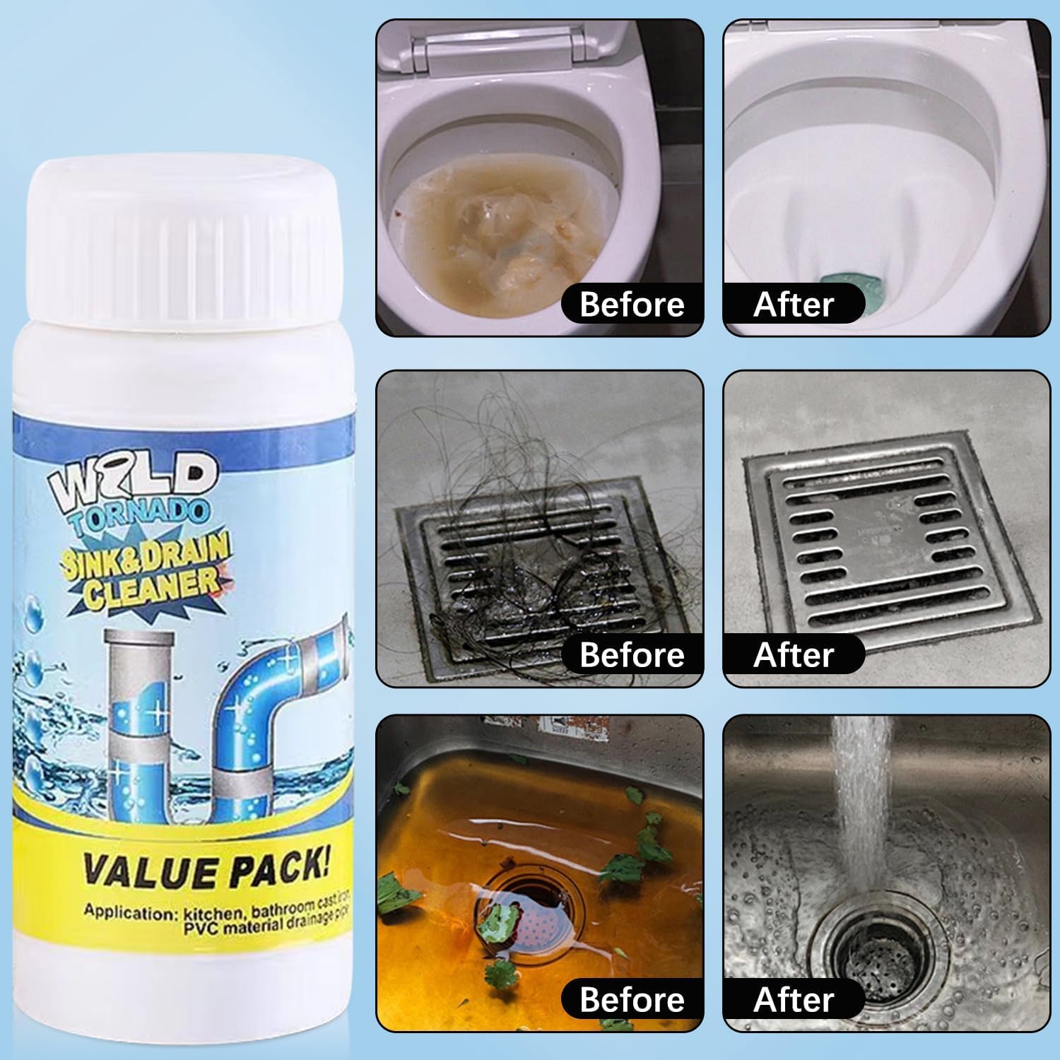 4pc Wild Tornado Pipe Dredge,Powerful Sink Cleaner for Kitchen Toilet Pipeline Quick Cleaning Tool- Wild Tornado Pipe Cleaner