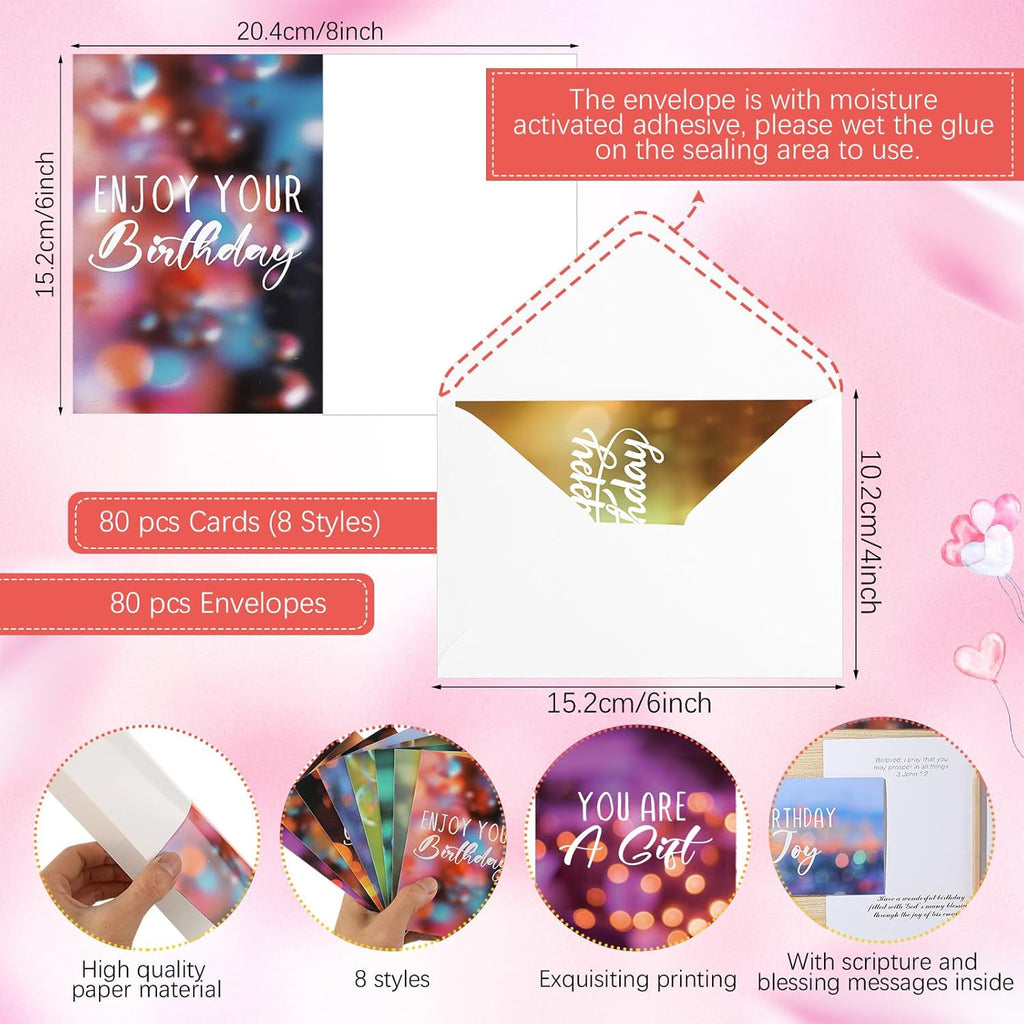 Zhanmai 80-Pack Christian Birthday Cards - Assorted Blessings with Scripture | 4 x 6 Inch Envelopes