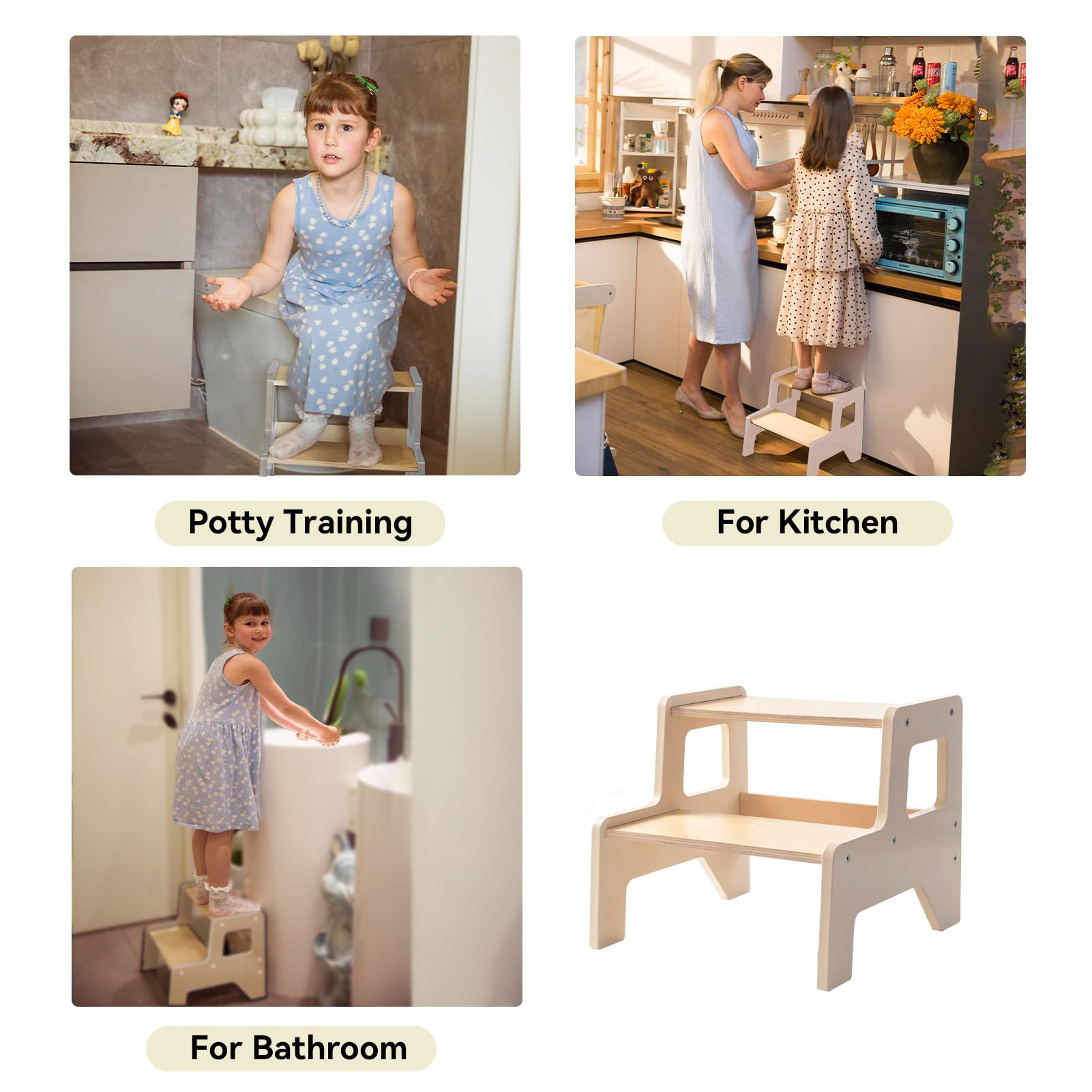 OgiOgi Toddler Step Stool, 2 Step Wooden Toddler Kitchen Stool Helper for Bathroom Sink, Toilet & Potty Training, 330lbs Capacity Stools for Kids with Safe Non-Slip Pads and Handles-Blue & White(2PCS)