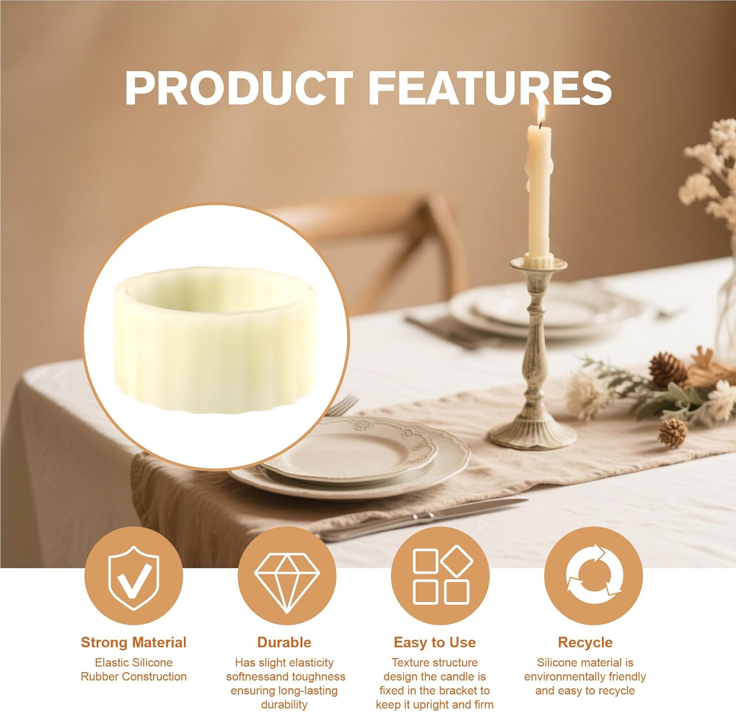 Skiennix Silicone Candle Grippers - 10-Pack Taper Candle Holders | Stay Put Design for Weddings & Home Decor (White)