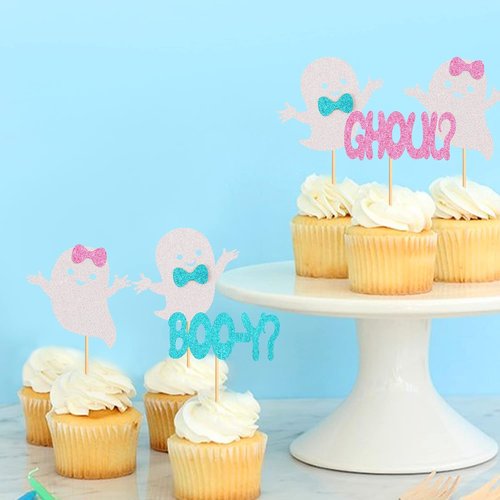 Ercadio 24 Pack Halloween Cupcake Toppers - Glitter Ghost Picks for Baby Showers & Gender Reveals