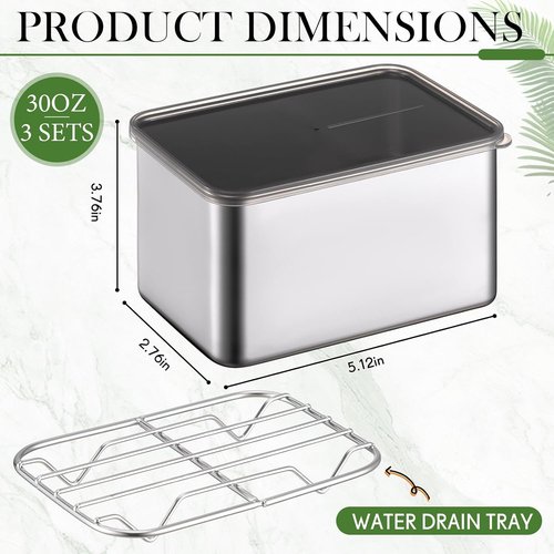 Hushee 3-Piece Stainless Steel Food Storage Containers - Airtight with Removable Drain Tray, 30 oz