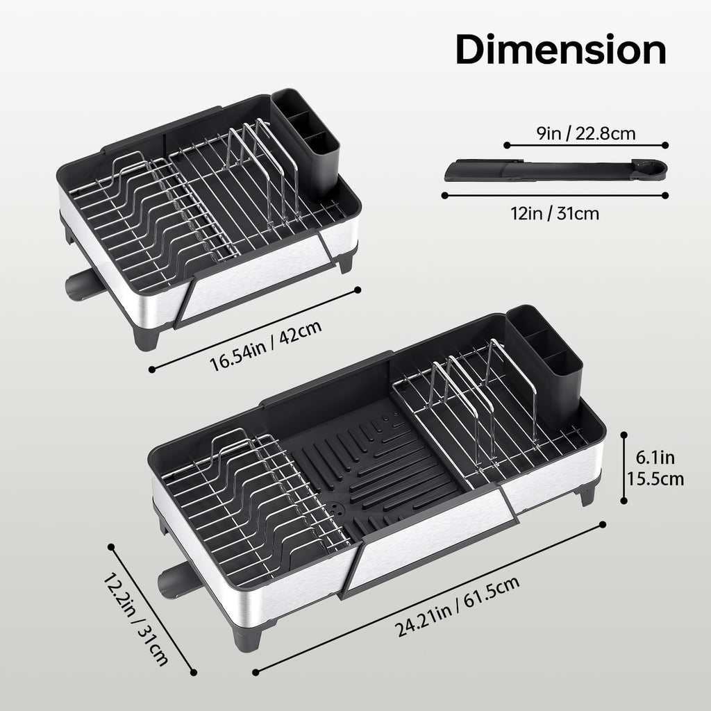 Urackify Large Dish Drying Rack - Triple Expandable Dish Rack for Kitchen Counter, Stainless Steel Sink Organization and Storage Essentials with Utensil & Pans Holder for Home and Appartment, Black