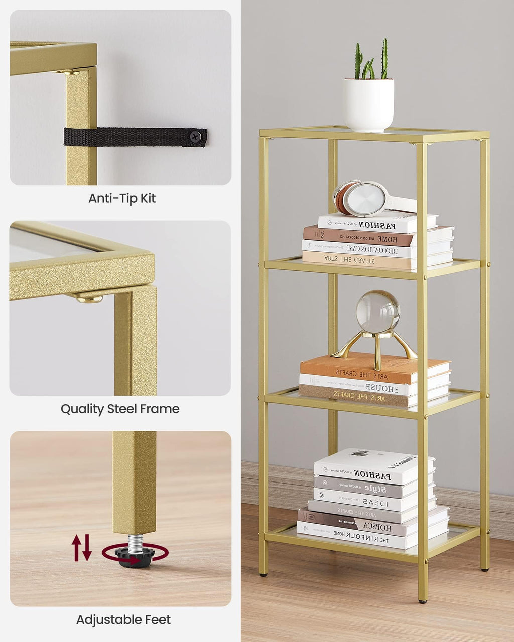 VASAGLE Bookcase, 4-Tier Bookshelf, Slim Shelving Unit for Bedroom, Bathroom, Home Office, Tempered Glass, Steel Frame, Metallic Gold ULGT28G