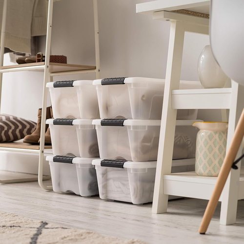 IRIS USA 13 QT Plastic Storage Box - BPA-Free, Durable Nestable Containers with Lids - 6 Pack, Pearl Color