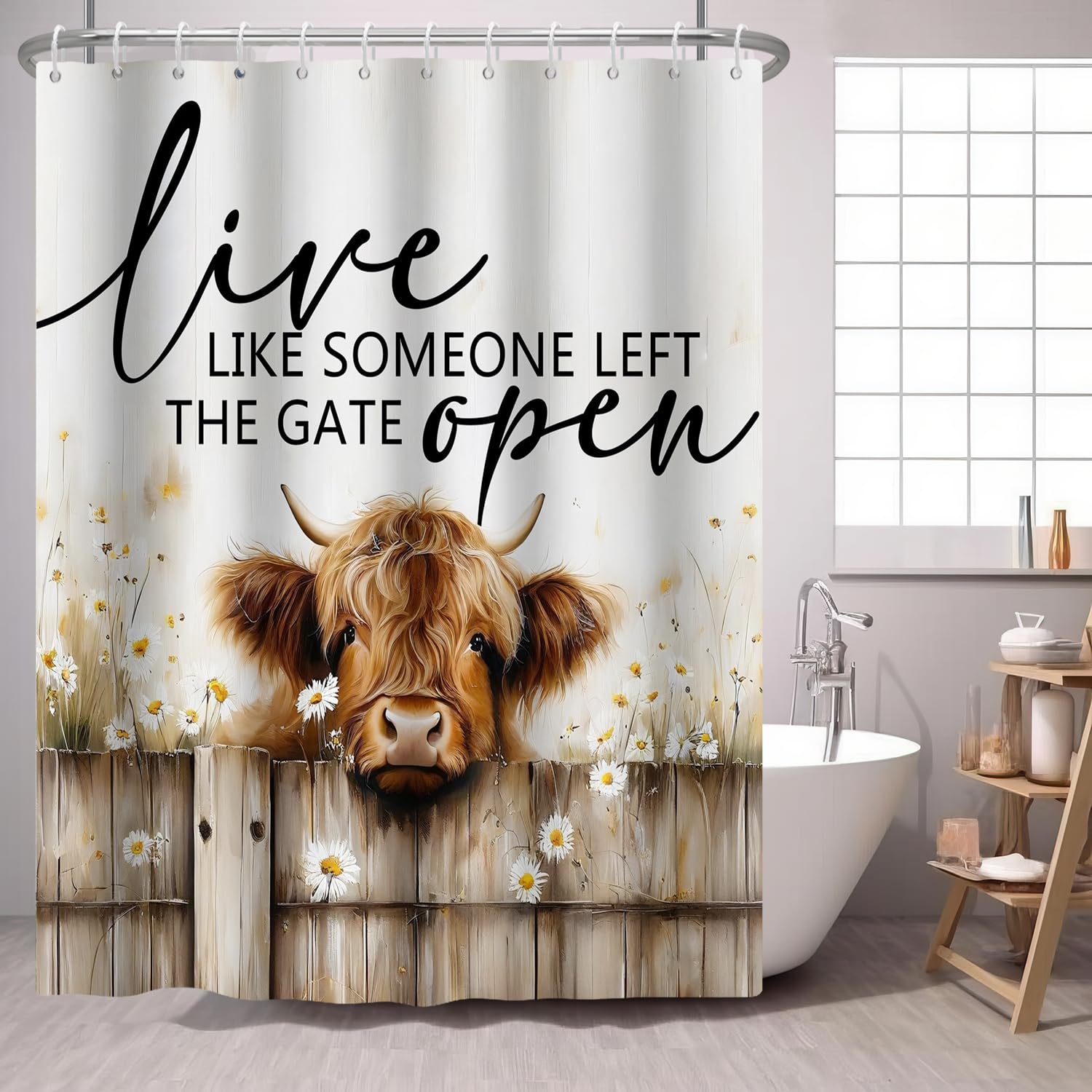 PEDBANRO Highland Cow Shower Curtain Inspirational Quotes Daisy Flower Farmhouse Fence,Funny Cattle Farm Animal Rustic Brown Fabric Shower Curtains Bathroom Accessories 72x72 Inches
