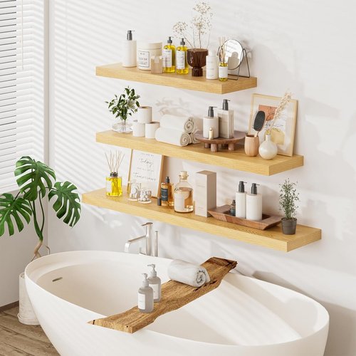 Heimlove Floating Shelves - 48W x 12D Long Wood Shelves for Bedroom, Living Room & Kitchen | Set of 2, Oak