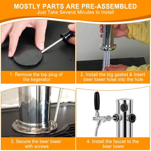 Dbgogo 3 Tap Beer Tower Adjustable Flow Control Beer Faucet Three Tap Beer Tower Stainless 3” Triple Tap Beer Tower Dispenser Kegerator Tower Kit with Pre-Assembled Tubing and Self-Closing Springs