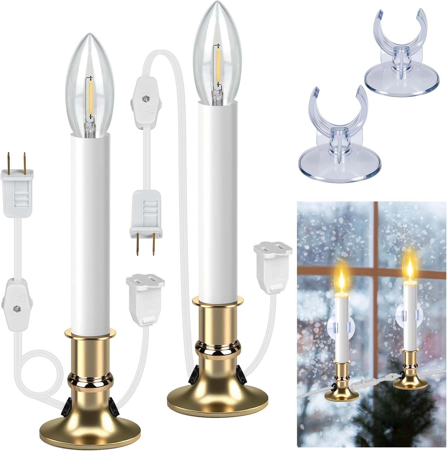 Skiennix Christmas Electric Window Candle Lights - 2 Pack with Gold Base & 6FT Cord | Clear Bulb & Suction Cups