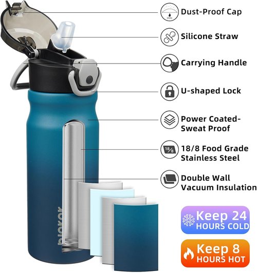 BJPKPK 18oz Insulated Water Bottle - BPA Free Stainless Steel, Leak Proof with Lockable Flip Lid | Indigo Black