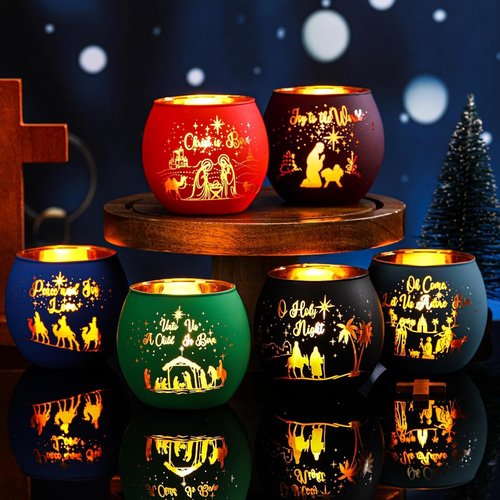 Jingmore Christmas Nativity Scene Votive Candle Holders - 6 Glass Holders with Flameless Candles & Engraved Patterns