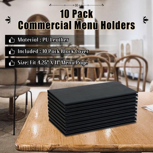FLKQC Restaurant Menu Covers Holders 4.25" x 11" | 10 Pack 8 View Synthetic Leather Menu Holder Black for Wine List, Drinks, Commercial Menu Holder (10, Five Fold Panels (4.25 x 11 inch))