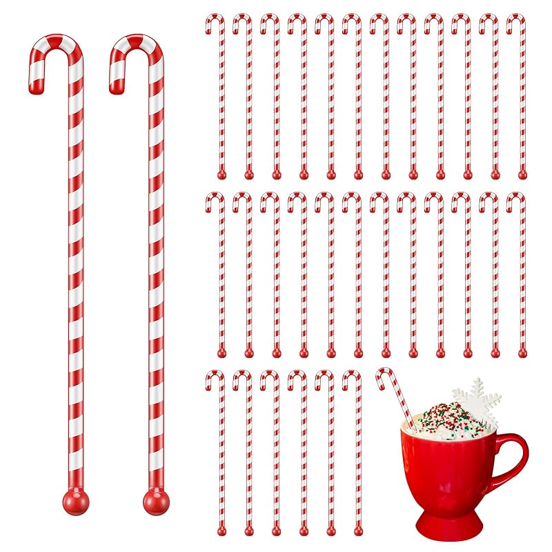 Candy Cane Christmas Drink Stirrers, 30 Pcs – Red/White Swizzle Sticks