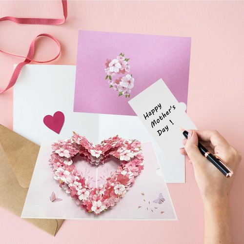 CFTONE 3D Pop Up Card, Elegant Cherry Blossom Heart Flower Greeting Card for Mothers Day, Anniversary, Valentine's Day, Weddings, Birthday, Handcrafted Floral Card for Mom, Women, Wife