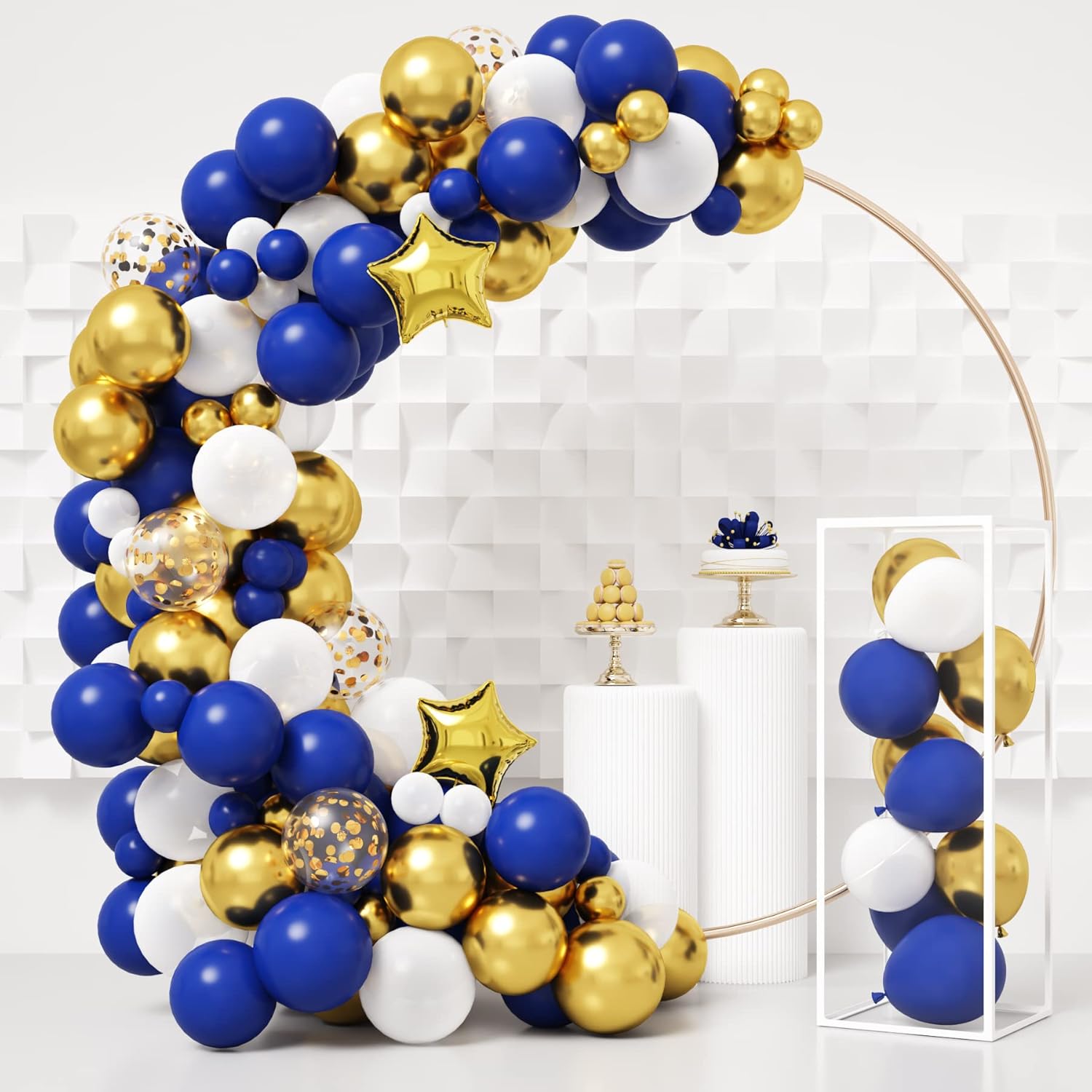RUBFAC Royal Blue Gold Balloon Garland Arch Kit - Metallic & Star Foil Balloons for Parties