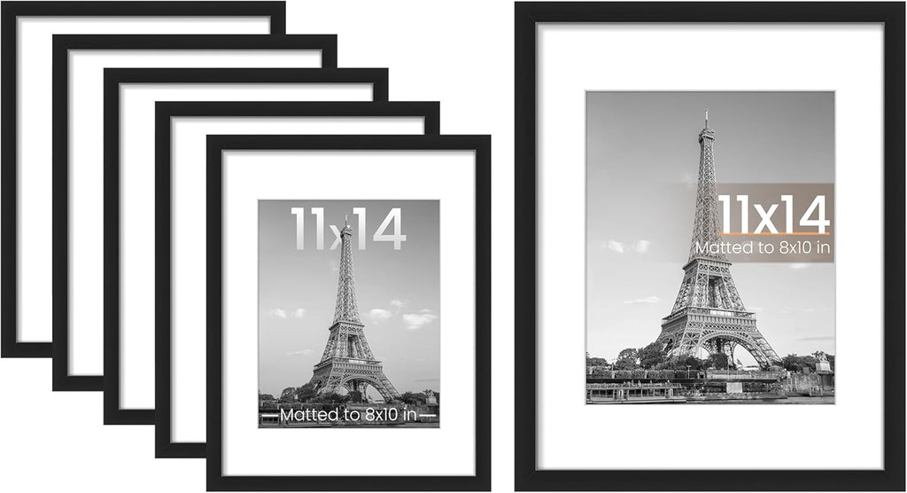 Upsimples 11x14 Picture Frame - 6 Pack for 8x10 Photos with Mat or 11x14 Without Mat | Black Wall Display
