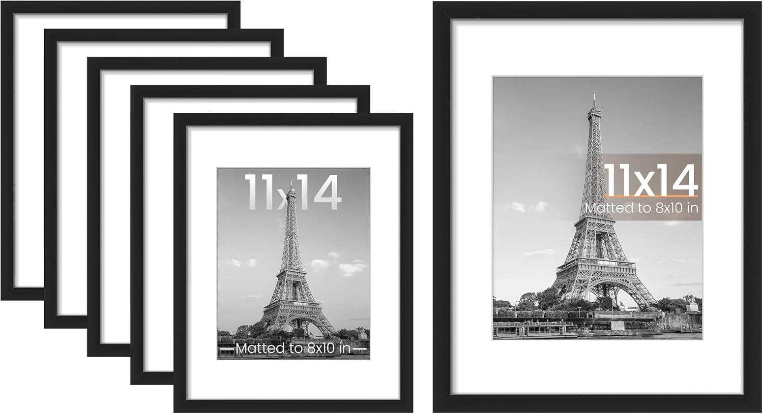 Upsimples 11x14 Picture Frame - 6 Pack for 8x10 Photos with Mat or 11x14 Without Mat | Black Wall Display