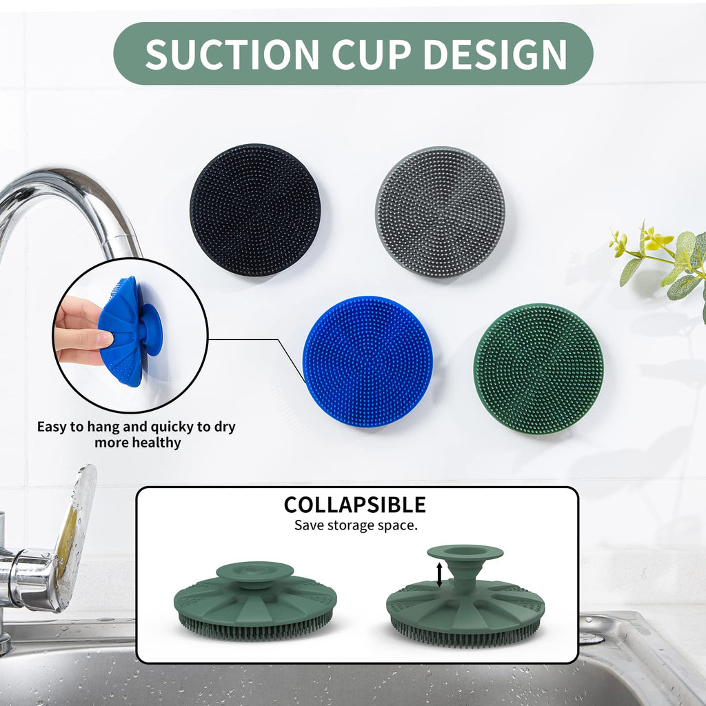 Silicone Sponge 3 Pack, BEAUTAIL Non-Scratch Scrub Sponges, for Washing Dishes and Cleaning Kitchen, Long Lasting and Reusable Dishwashing Scrubber, Suction Up Hang Designed, Black+Olive Green+Gray