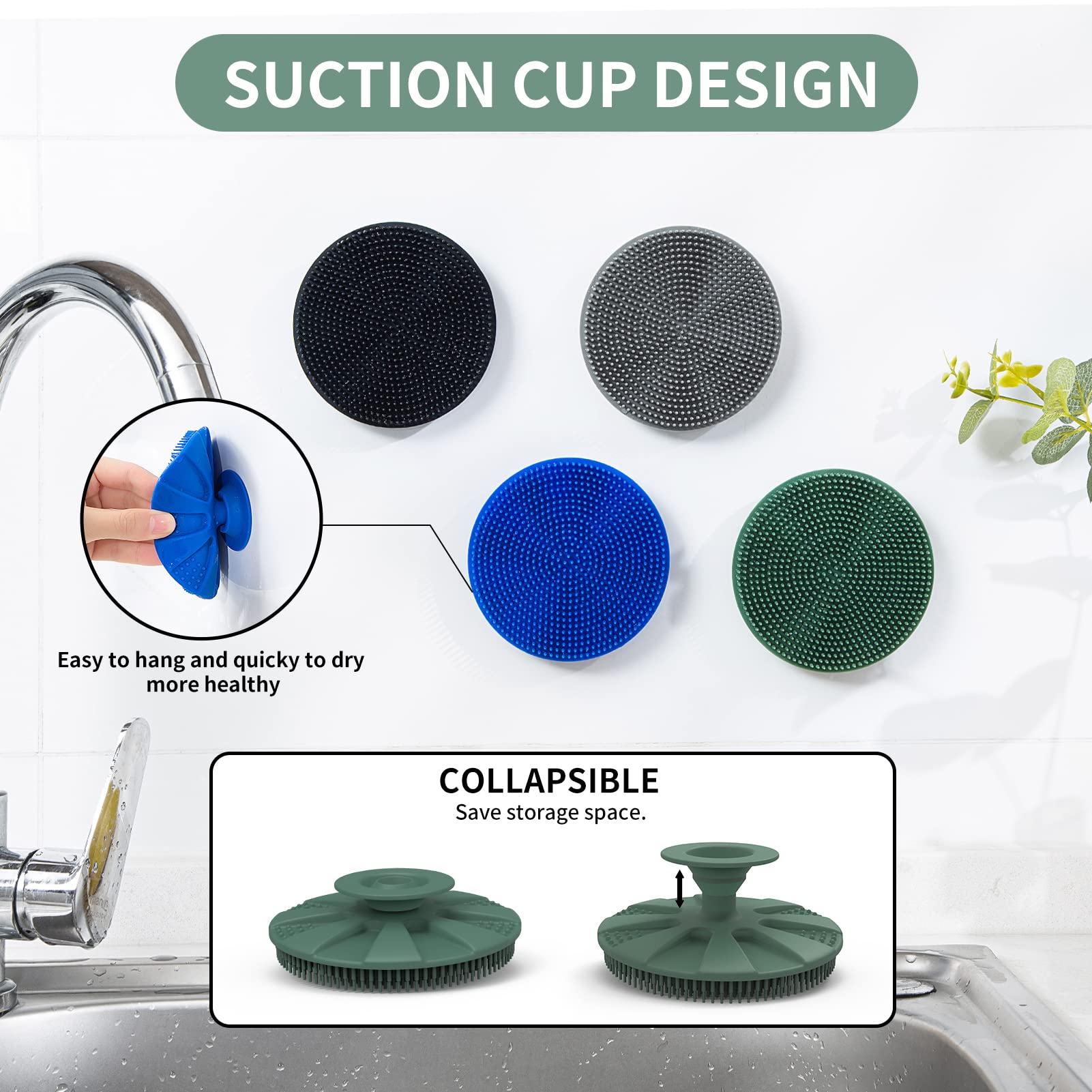Silicone Sponge 3 Pack, BEAUTAIL Non-Scratch Scrub Sponges, for Washing Dishes and Cleaning Kitchen, Long Lasting and Reusable Dishwashing Scrubber, Suction Up Hang Designed, Black+Olive Green+Gray