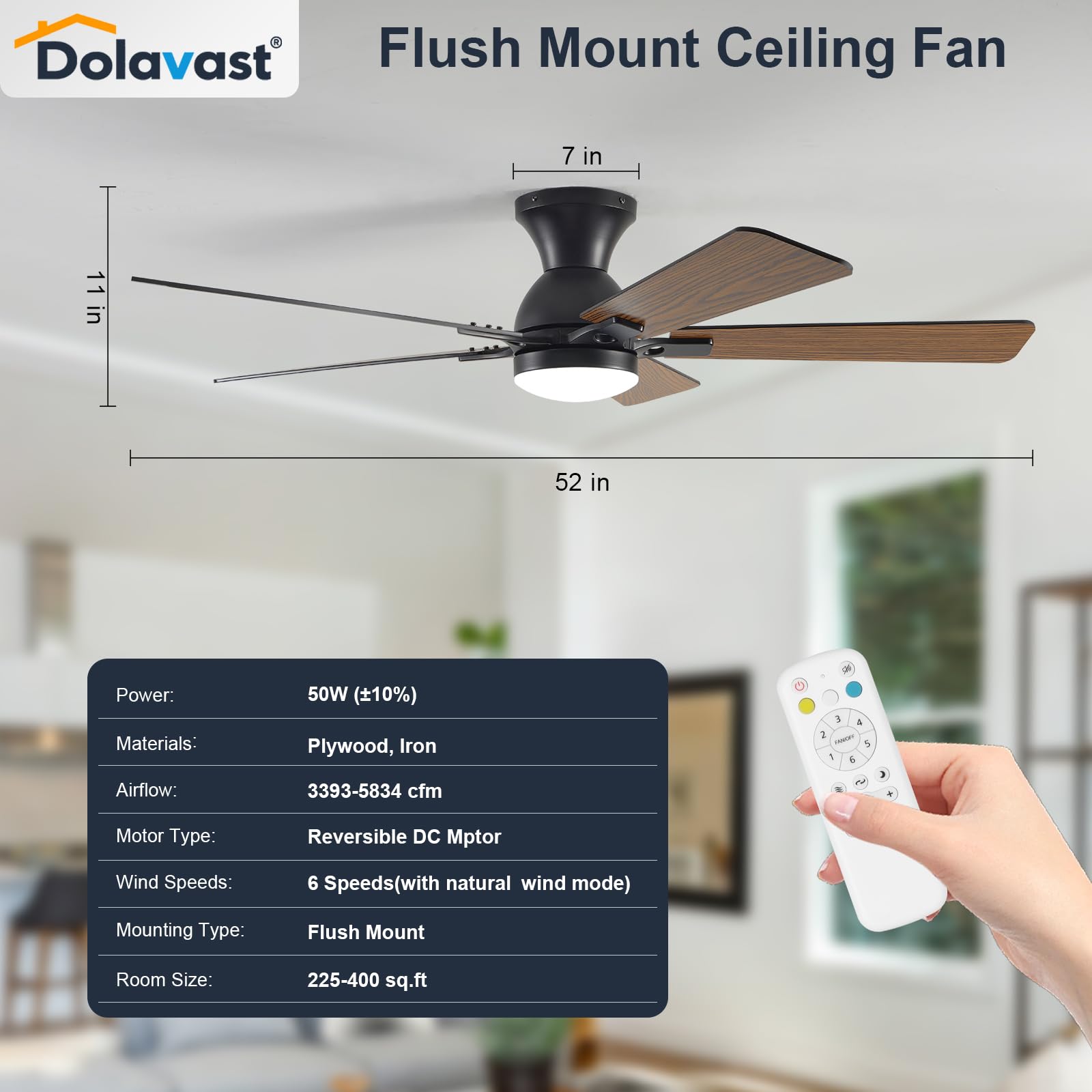 Dolavast Ceiling Fans with Lights, 52 Inch Low Profile Ceiling Fan with Light and Remote Control, Flush Mount, Reversible, 3CCT, Dimmable LED, Quiet, Black Ceiling Fan for Bedroom, Living Room