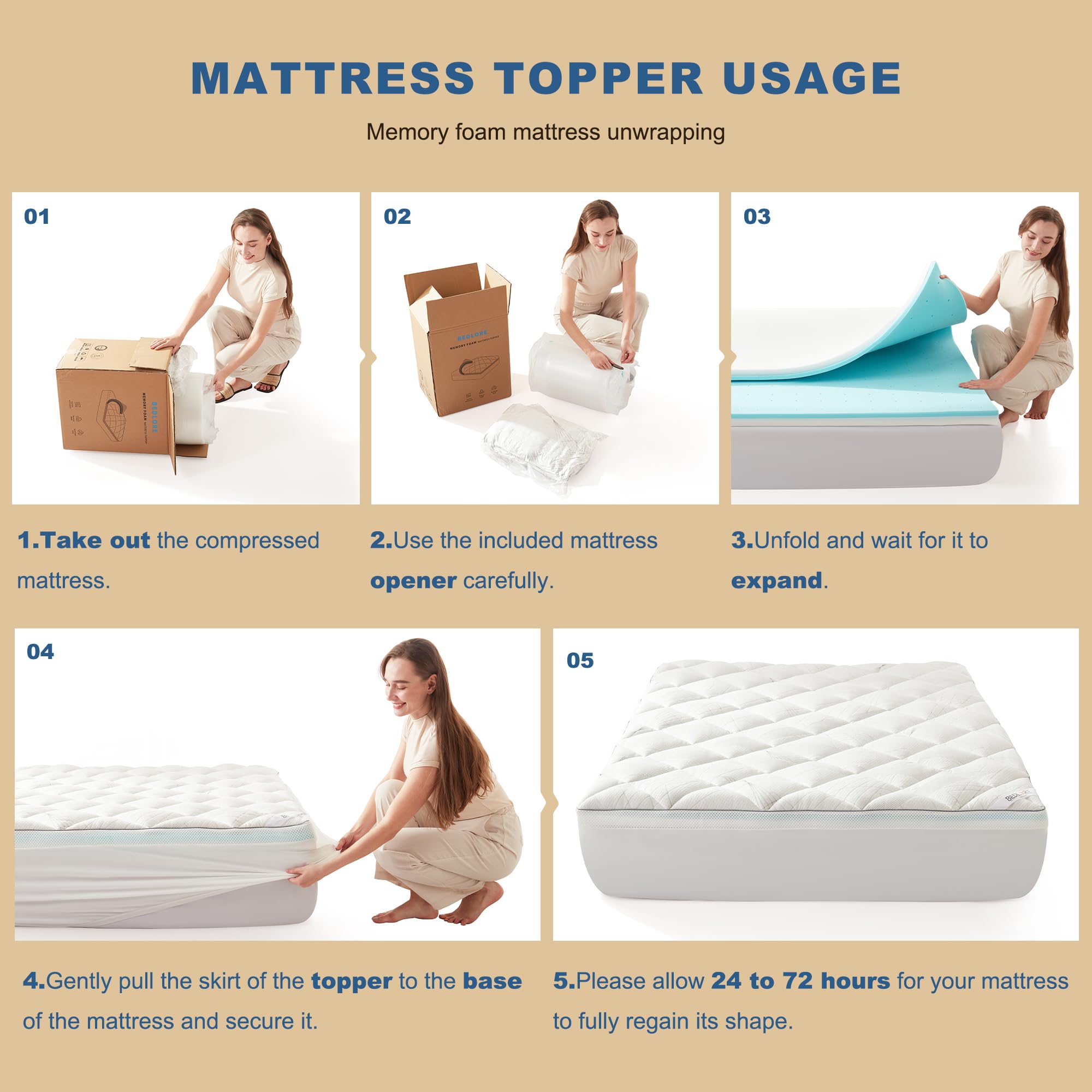 Bedlore 4-Inch Queen Mattress Topper for Back Pain - Dual Layer Medium Support (2" Gel Memory Foam + 2" Cooling Fluffy Pillow Top Pad), Breathable & Pressure Relief (White)
