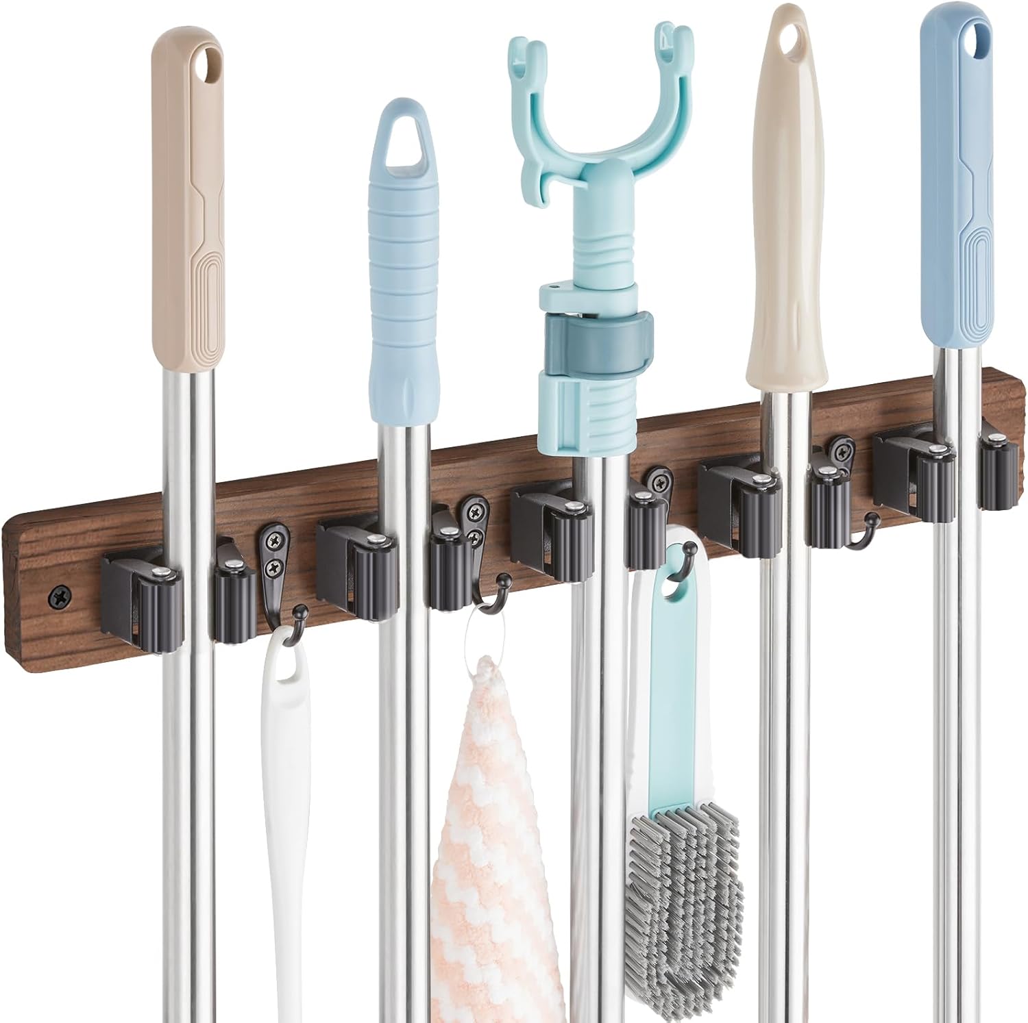 OUTNILI Mop and Broom Holder Wall Mount - Rustic Wood Organizer with 5 Slots & 4 Hooks for Garage, Closet, Laundry Room