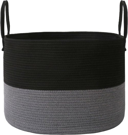 JMvicyroam 65L Extra Large Blanket Basket - Woven Cotton Rope Laundry Hamper with Reinforced Handles | Black & Grey