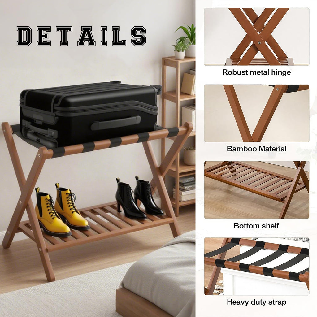 GAOHAPY Bamboo Luggage Rack with Shoe Shelf Folding Suitcase Stand with 5 Heavy-Duty Straps for Guest Room Living Room Hotel Ideal Luggage Holder for Suitcases Bags Shoes,Walnut Brown