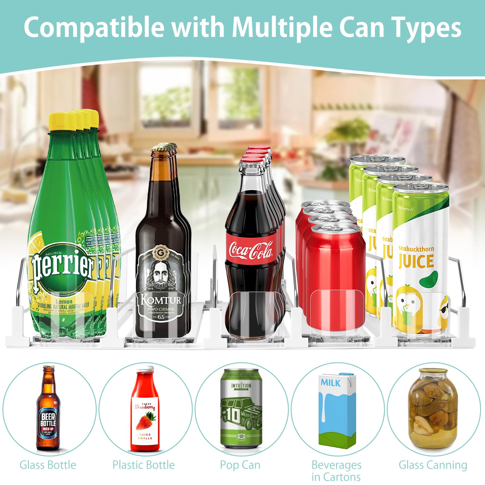Drink Organizer for Fridge, 5 Row Automatic Pusher Glide, Adjustable Width Soda Can Dispenser for Refrigerator-Holds up to 25 Cans