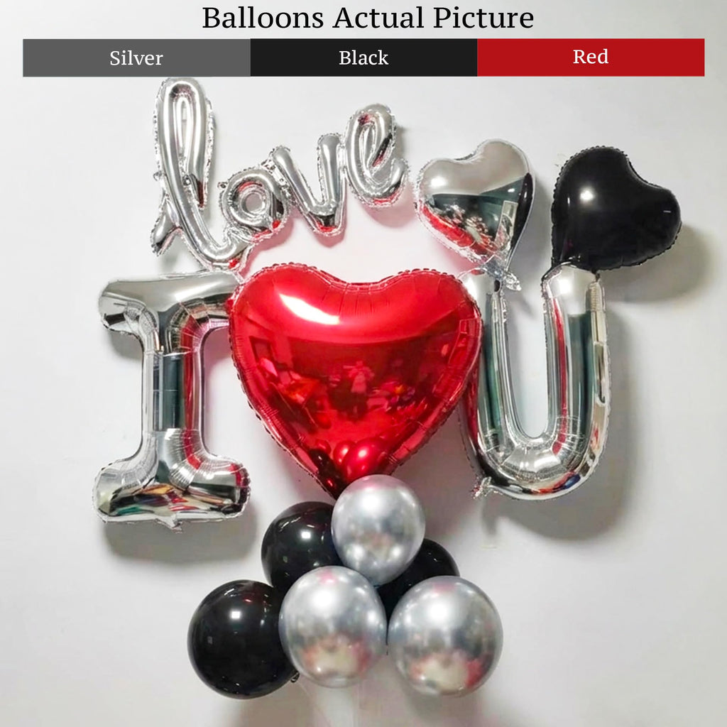 Black Silver Romantic Special Night Decorations with I Love You and Heart Balloons & 600 Rose Petals for Anniversary, Valentine Day, Bedroom, Hotel Room, Birthday Decorations for Him