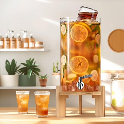 Beverage Dispenser 2.9 Gallon, Glass Drink Dispenser with Stand, Drink Dispensers for Parties, Beverage Dispenser with Wood Stand, Stainless Steel Spigot, for Parties,Bars,Restaurants (2.9 Gallons)