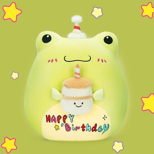 PLAYNICS Original 14-inch Large Happy Birthday Frog Plush Pillow Stuffed Animal Toy,Big Size Cute Soft Toys Fat Kawaii Cuddle Huggable Plushie,Gift for Kids