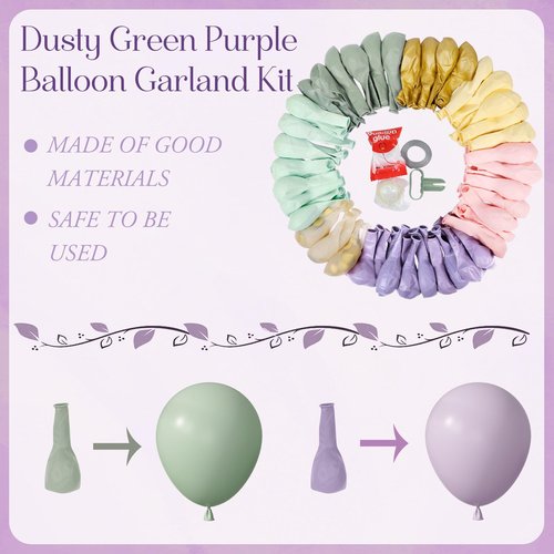Amandir 173Pcs Dusty Green Purple Pink Balloon Arch Garland Kit, Lavender Pastel Blush Pink Yellow Mist Green Gold Confetti Balloons for Baby Shower Wedding Tea Wildflower Birthday Party Decorations