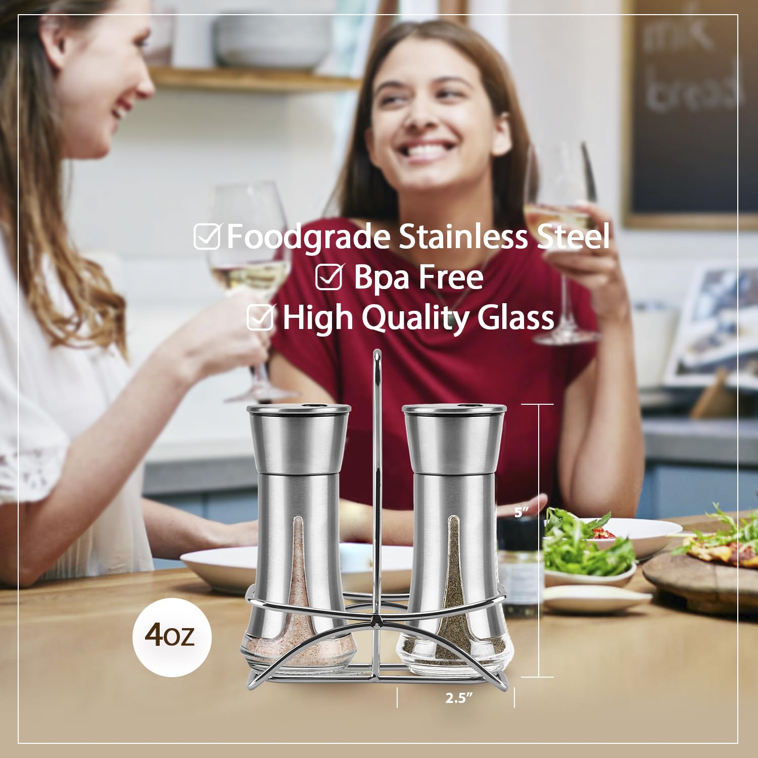 Aelga Salt and Pepper Shakers with Holder, Salt Shaker for the Kitchen with Adjustable Pour Holes for Himalayan, Kosher, and Sea Salts