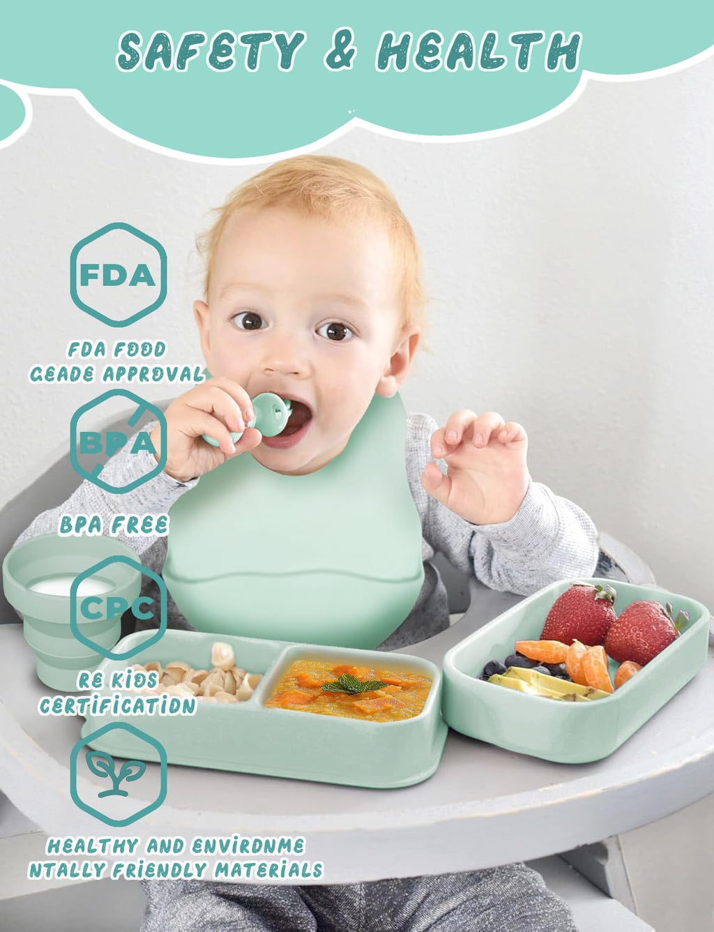 Travel Silicone Baby Feeding Set Portable Toddler Feeding Supplies Toddler Plates and Bowls Set Baby plates with Suction With spoon and cup, bib and waterproof storage bag