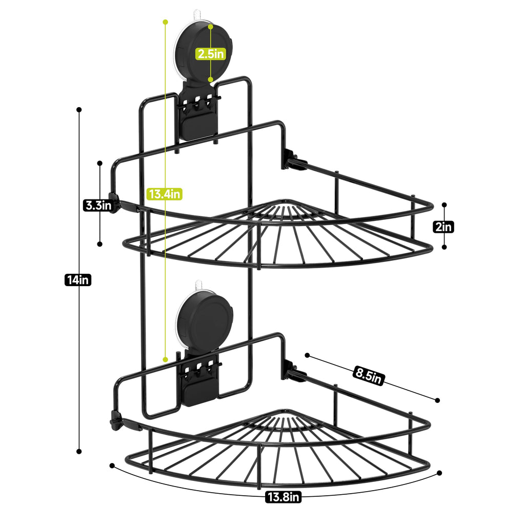 BANGMANG Shower Caddy Suction Cup, 2 Pack Suction Shower Shelf, NO-Drilling Bathroom Holder, Rustproof Bathroom Organizer for 90° Wall Corner, Black