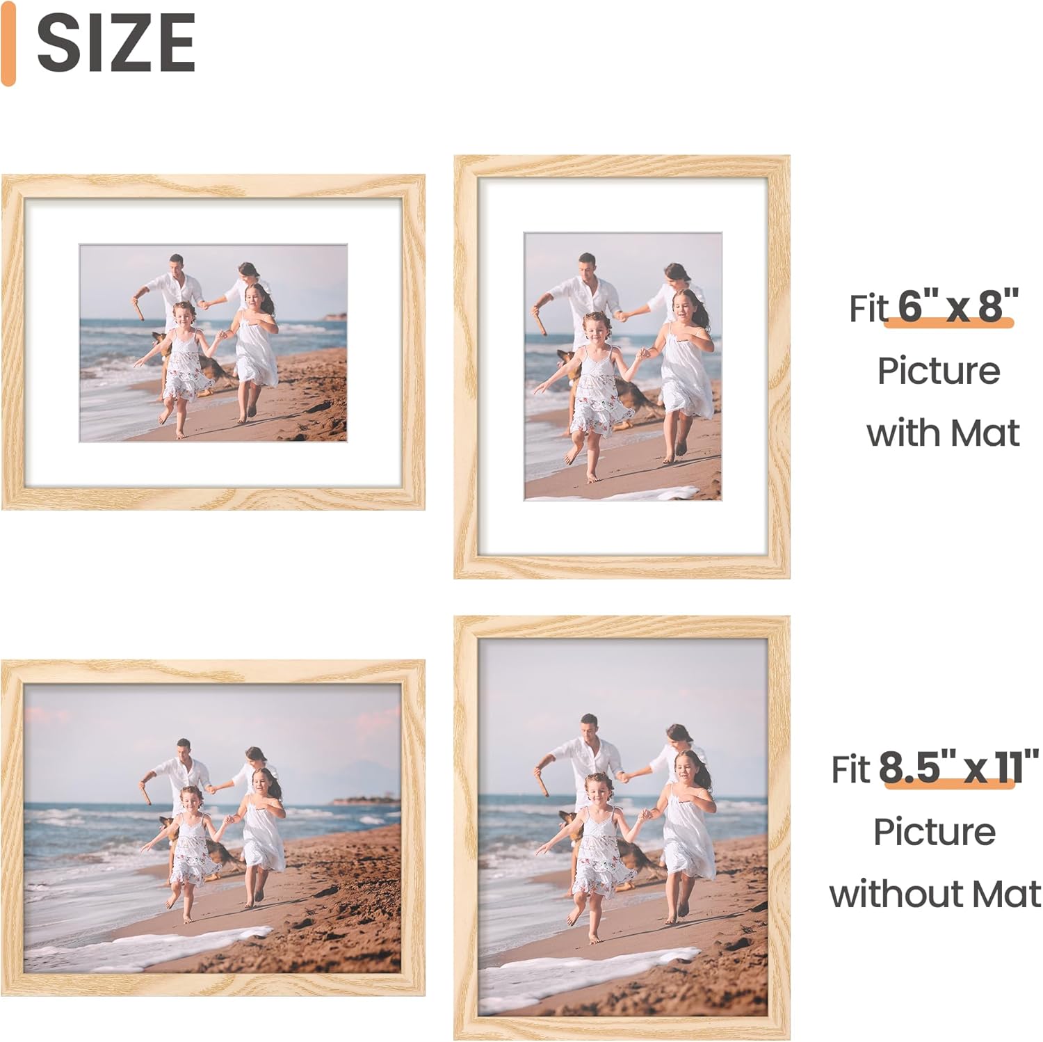 Upsimples 8.5 x 11 Picture Frame - Versatile Display for 6x8 or 8.5 x 11 Photos | Natural Finish, 1 Pack
