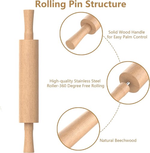 Classic Wooden Rolling Pin - Beechwood Baking Tool with Handle & 3 Multi-Color Thickness Rings | 17"x2.5"