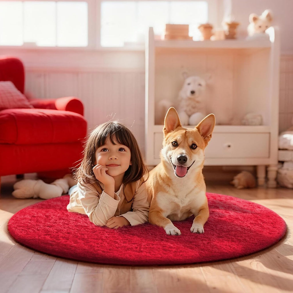 Ophanie Round Rug - 4Ft Red Circle Area Rug for Aesthetic Nursery & Living Room Decor | Soft Plush Shaggy Carpet