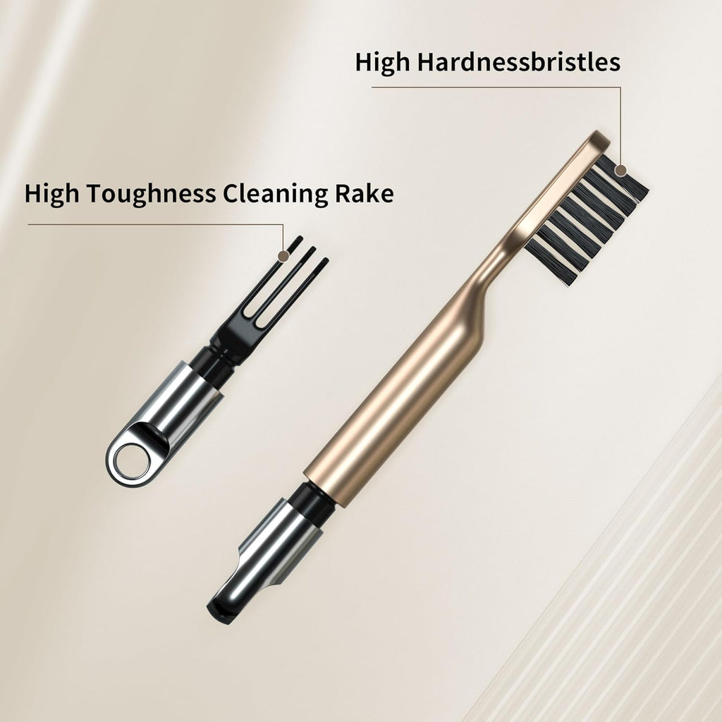 Skiennix 2-in-1 Hair Brush Cleaner - Nylon Bristles & 3-Pronged Rake for Easy Tangled Hair Removal - Compact Gold Design